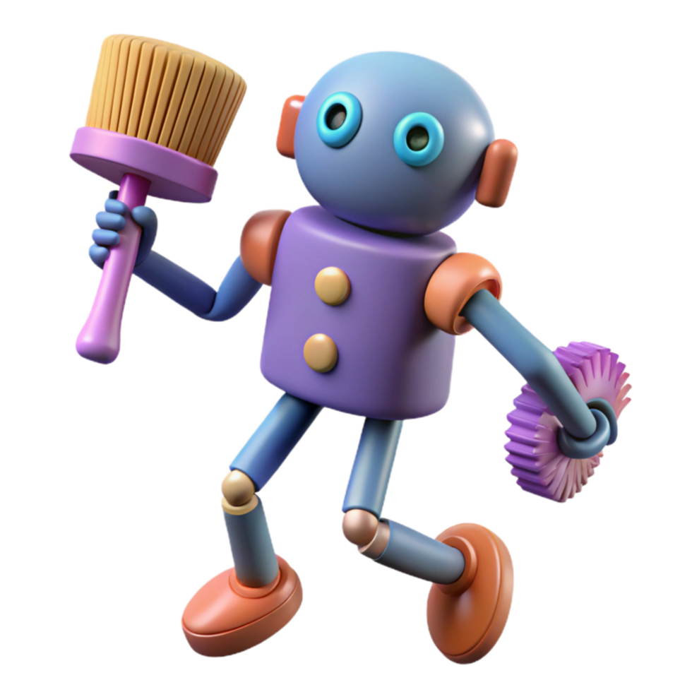 vibrant rustic Cleaning Robot 3D Render of Playful Bot with Brush exclusive png