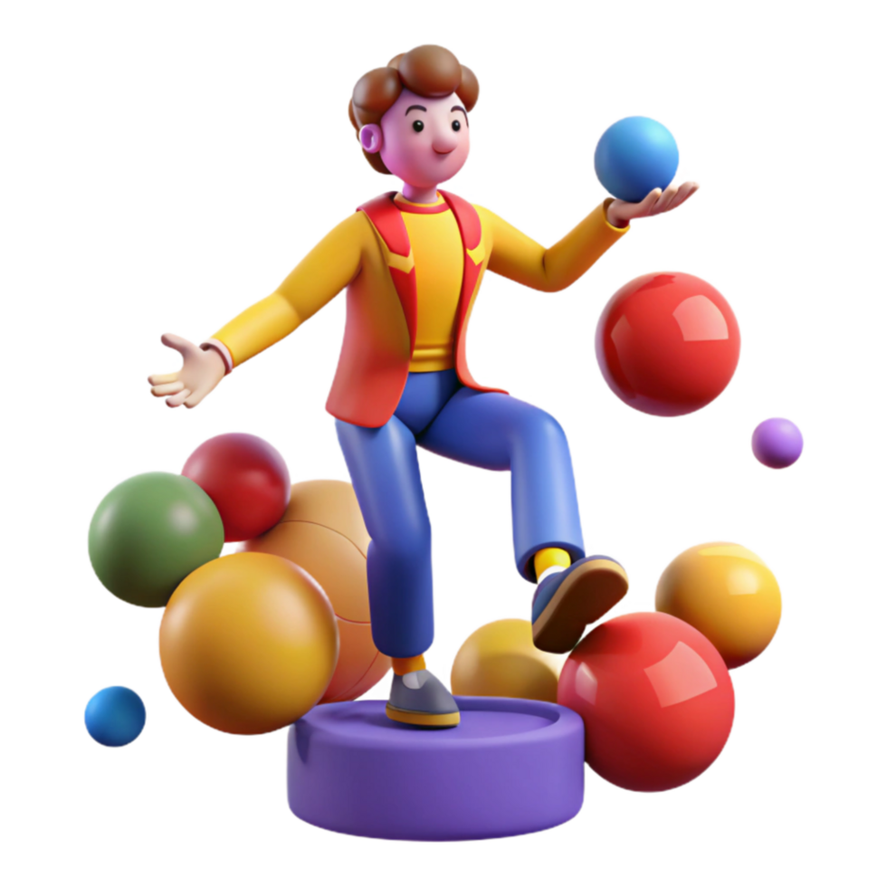 magnificent traditional 3D Boy Juggling Colorful Spheres on Platform detailed png