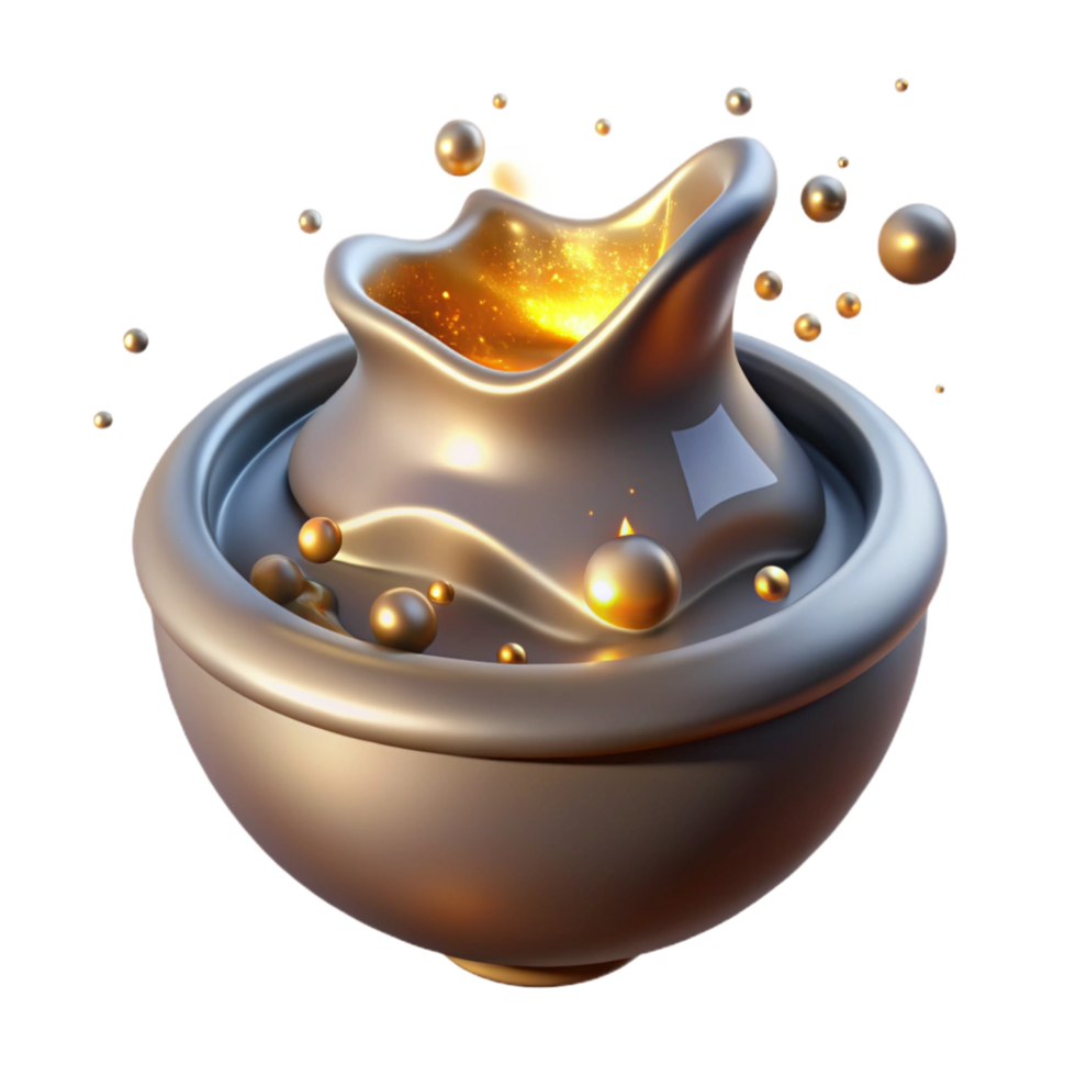 dramatic rustic Golden Liquid in a Metallic Bowl Abstract 3D Render premium png