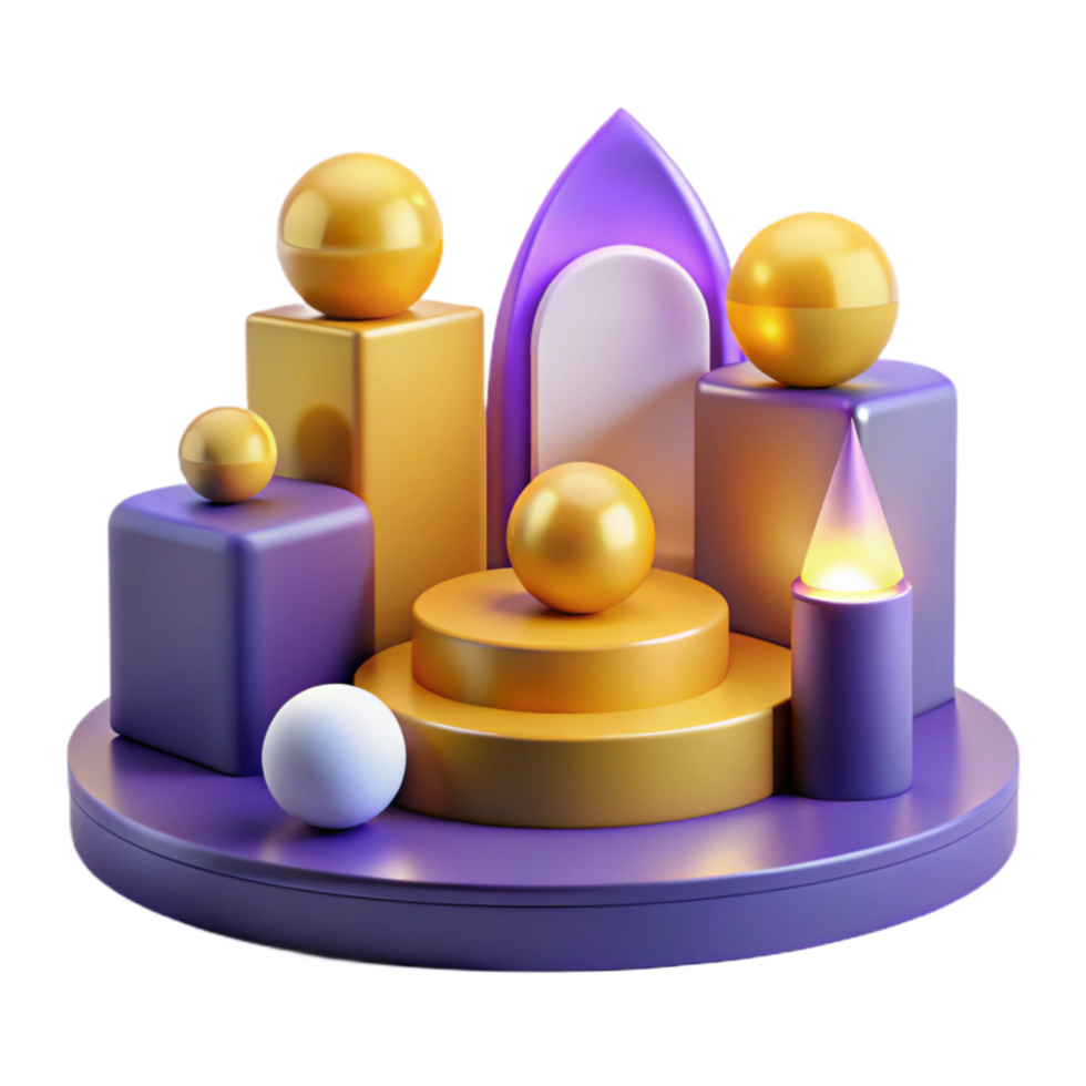 stunning rustic Abstract 3D Render Golden Spheres, Purple Gold Geometric Shapes exclusive png