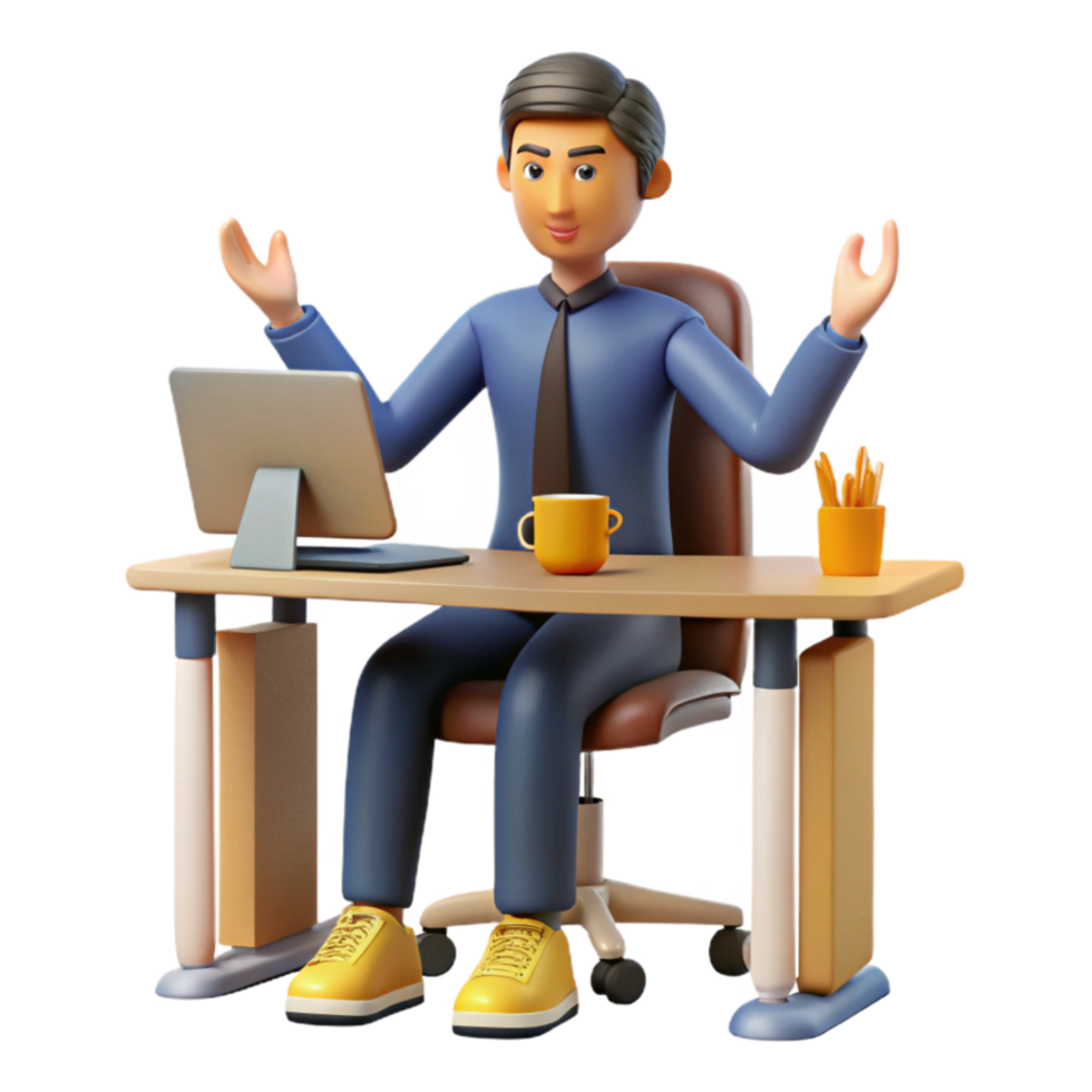 serene traditional 3D Cartoon Businessman at Desk Working professional png