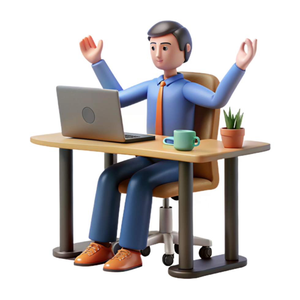 dramatic contemporary Relaxed Worker at Desk 3D Render of Productive Office Scene professional png