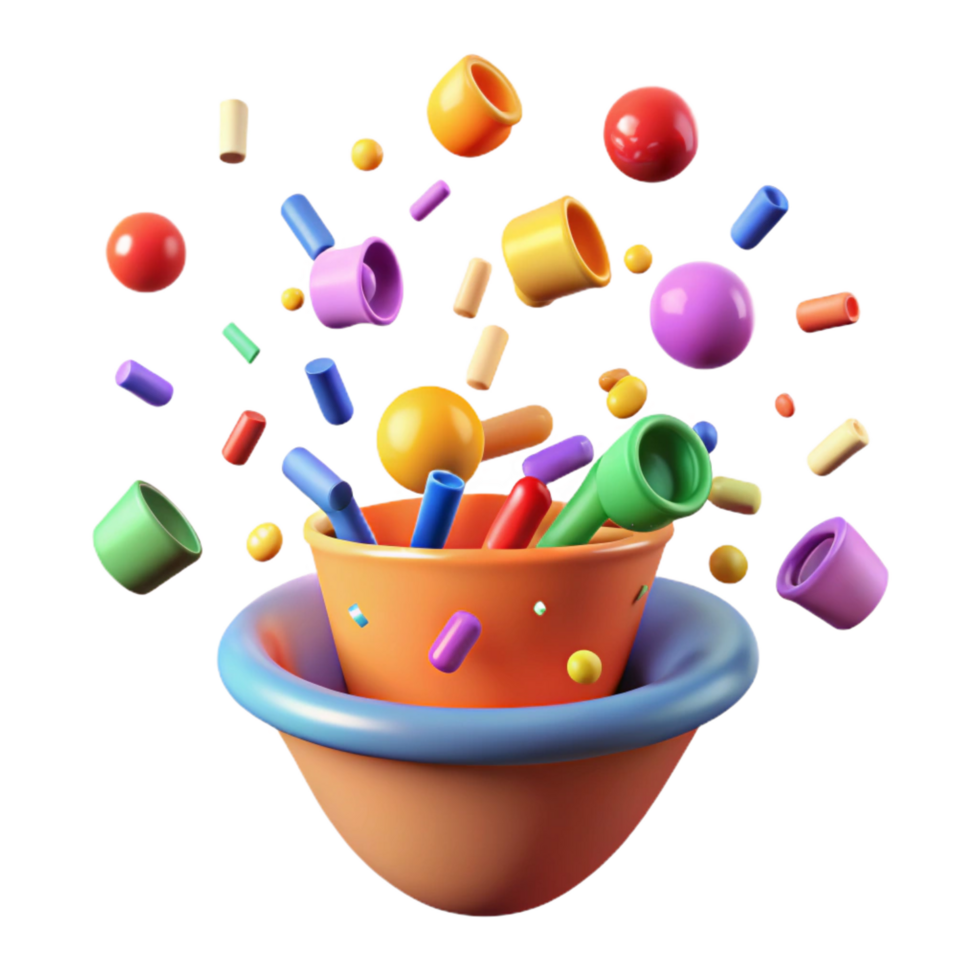 vibrant minimalist Colorful 3D Shapes Exploding from a Bowl detailed png