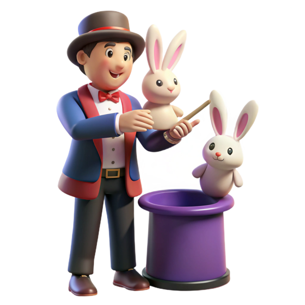 dramatic rustic Magician Pulling Rabbits from Hat 3D Cartoon Illustration premium png