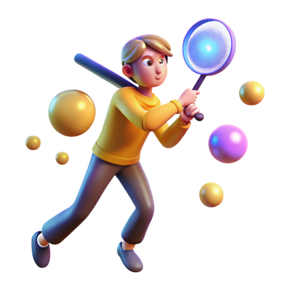 serene artistic 3D Boy Playing with Glowing Spheres and Net exclusive png