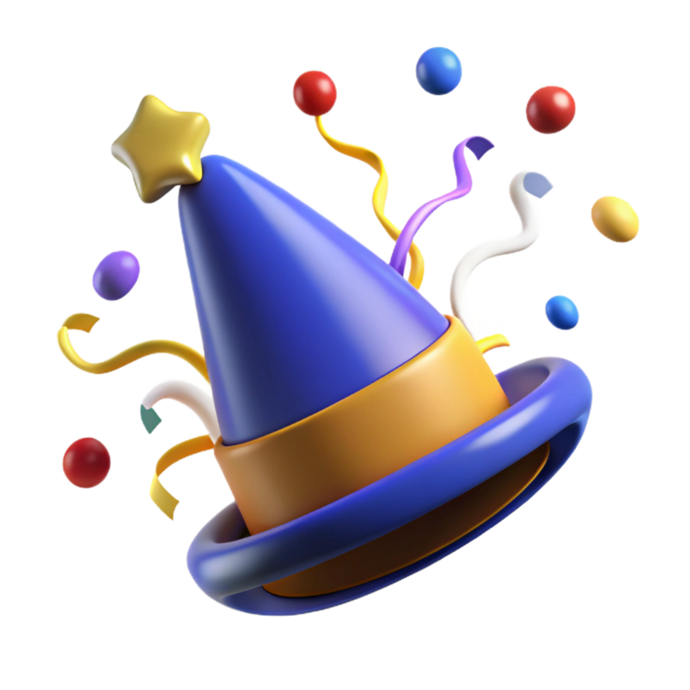 beautiful creative 3D Render of Festive Party Hat with Balloons and Streamers high quality png
