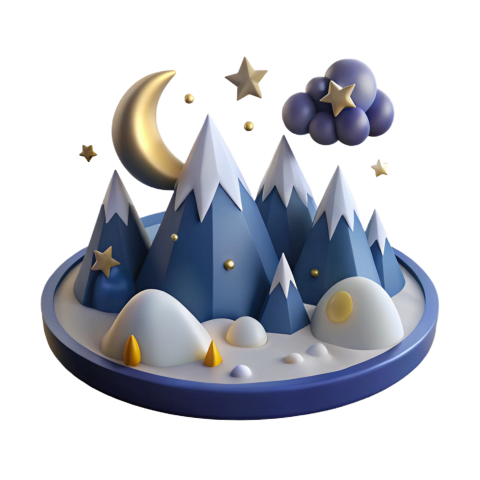 elegant rustic Night Mountain Scene 3D Render of Moonlit Peaks detailed png