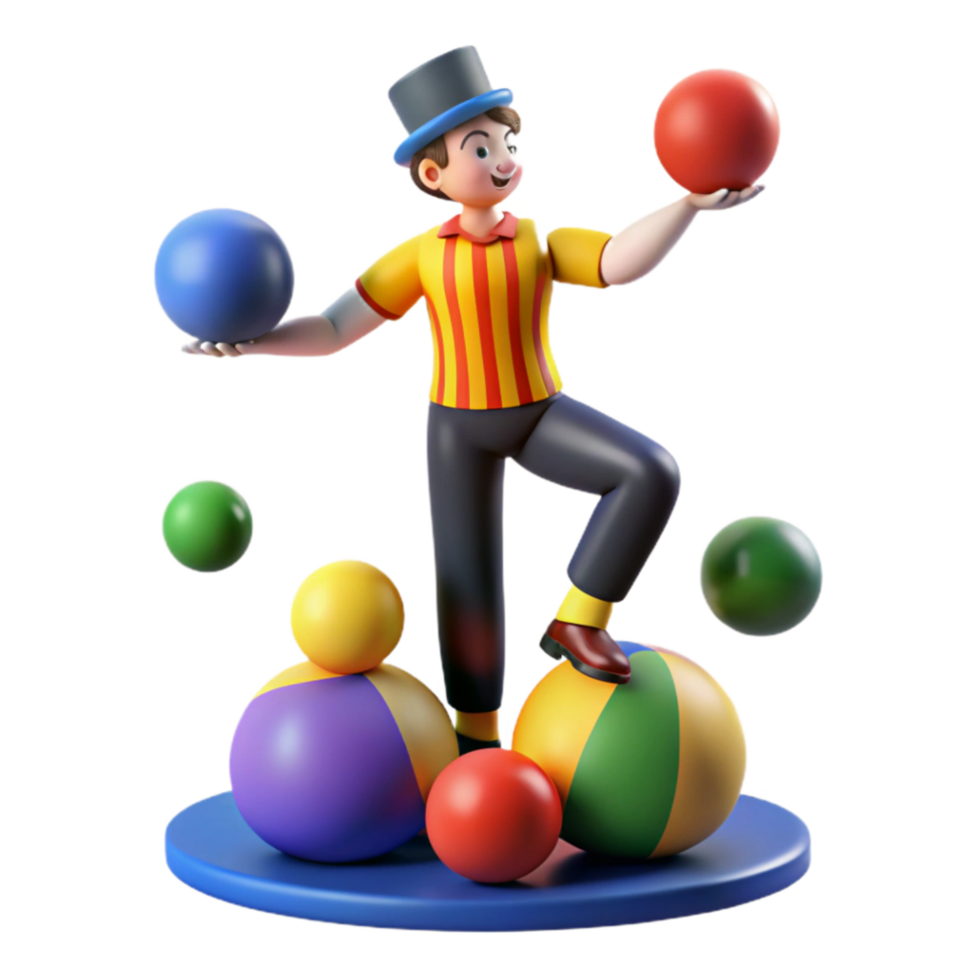 dramatic artistic 3D Juggler Cartoon Balancing Colorful Balls genuine png