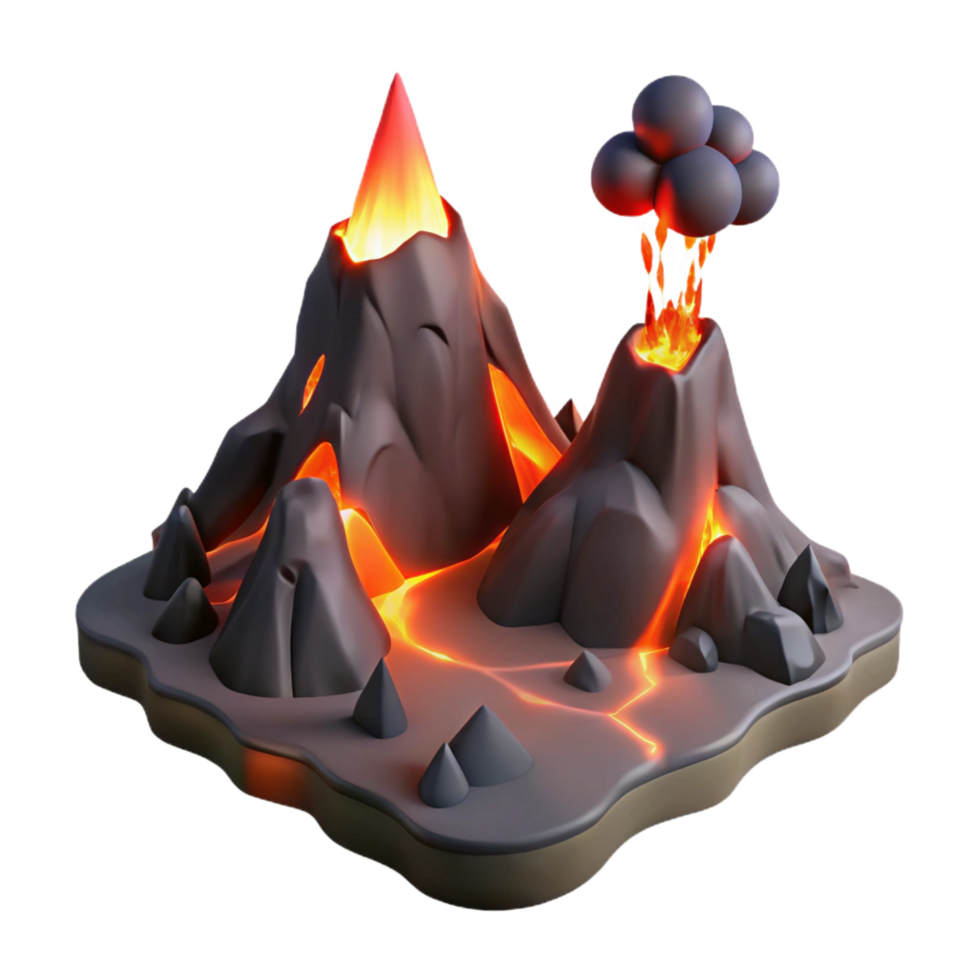 dramatic classic Volcanic Island 3D Model Erupting Lava and Ash authentic png