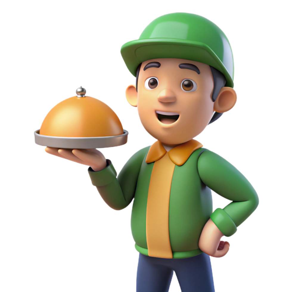 beautiful creative 3D Cartoon Delivery Person with Food Dome high quality png