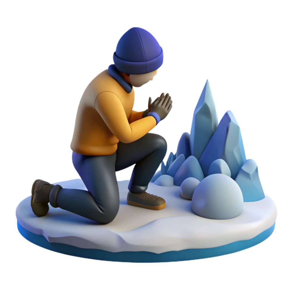 extraordinary artistic Winter Scene Person Kneeling in Snow Near Ice Formations high resolution png