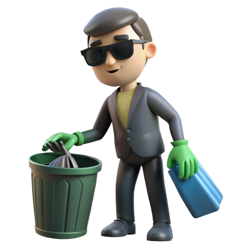 extraordinary vintage 3D Cartoon Man Disposing Waste in Trash Can original png