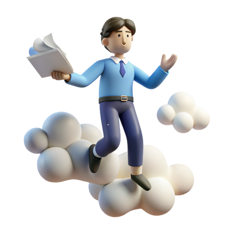 impressive creative Businessman Soaring on Clouds with Documents exclusive png