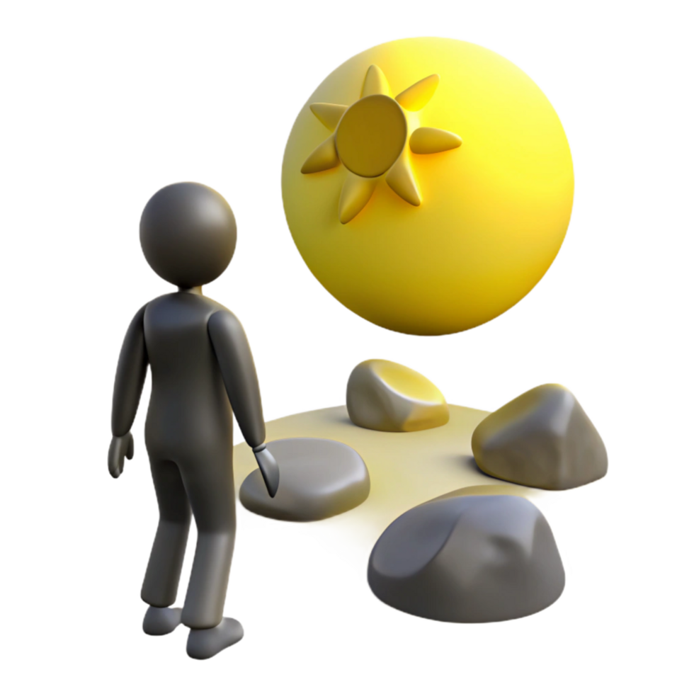 stunning classic 3D Render Figure Contemplates Sun-like Orb on Rocky Surface professional png
