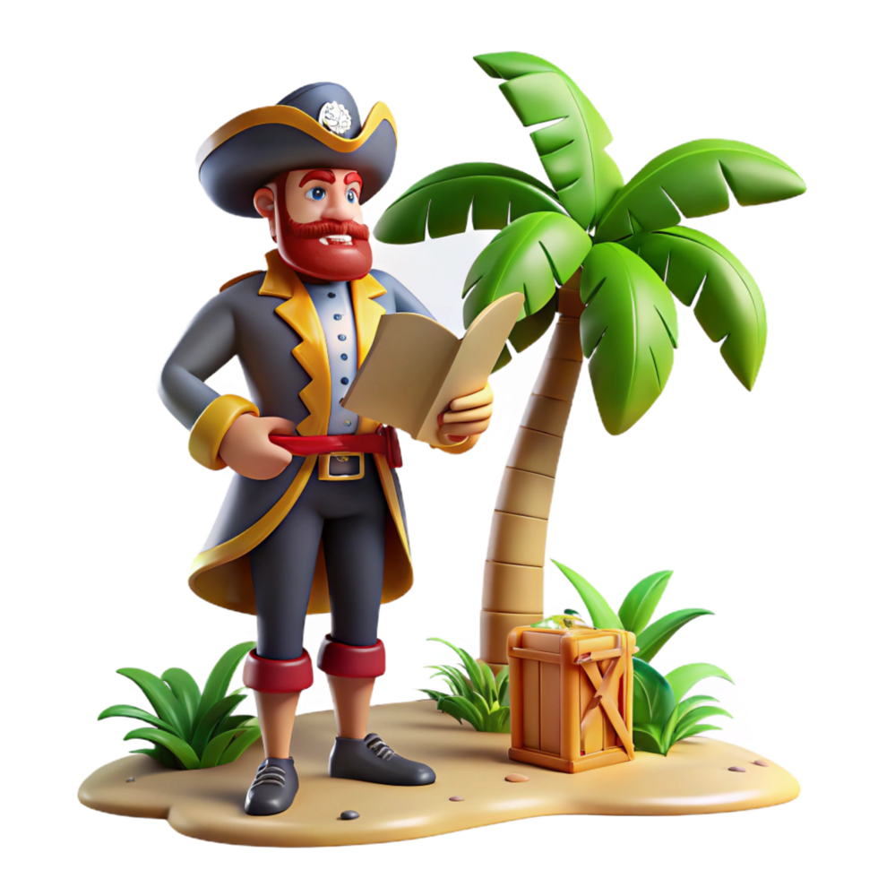 3D Cartoon Pirate Reading Map Illustration png