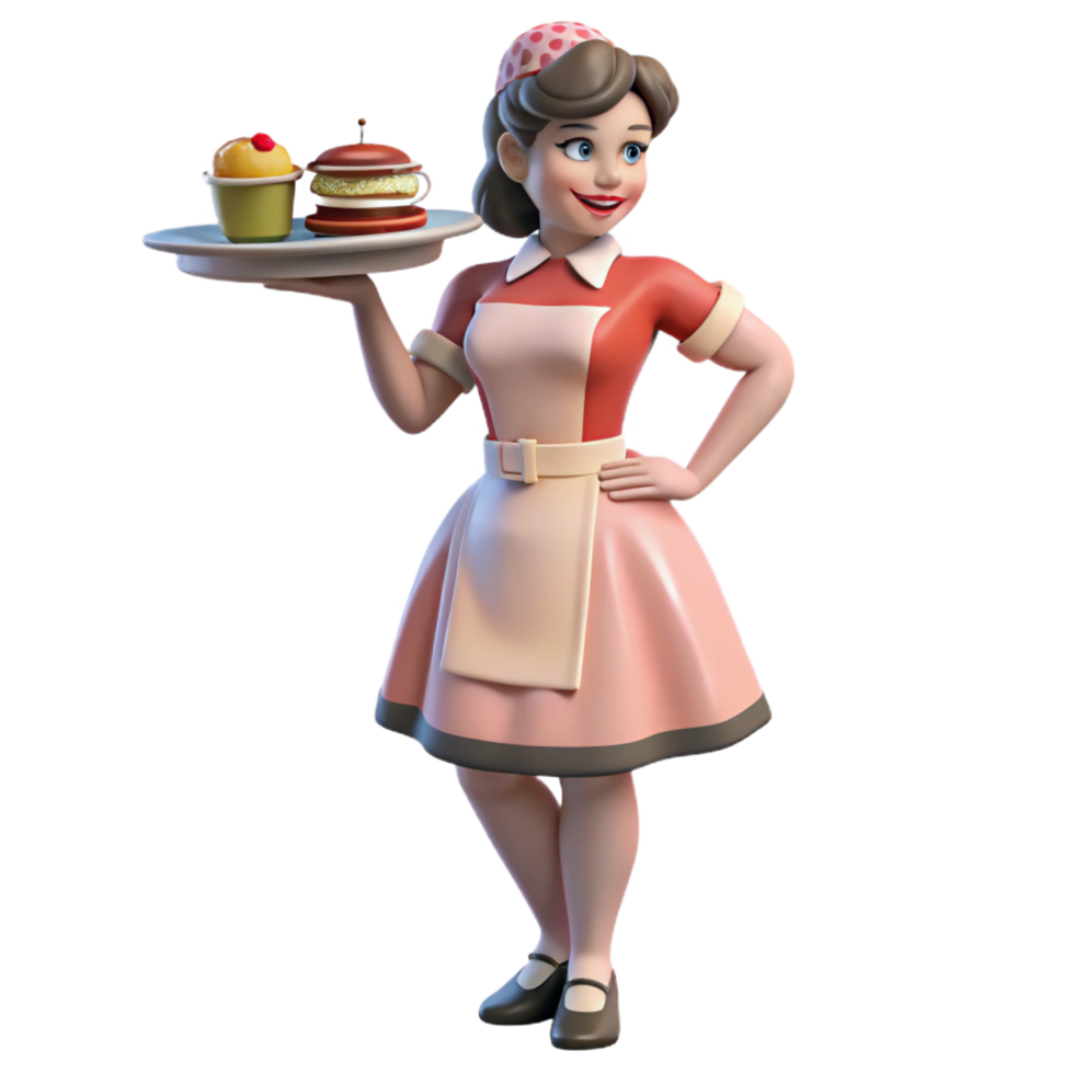 3D Cartoon Waitress Serving Cakes png