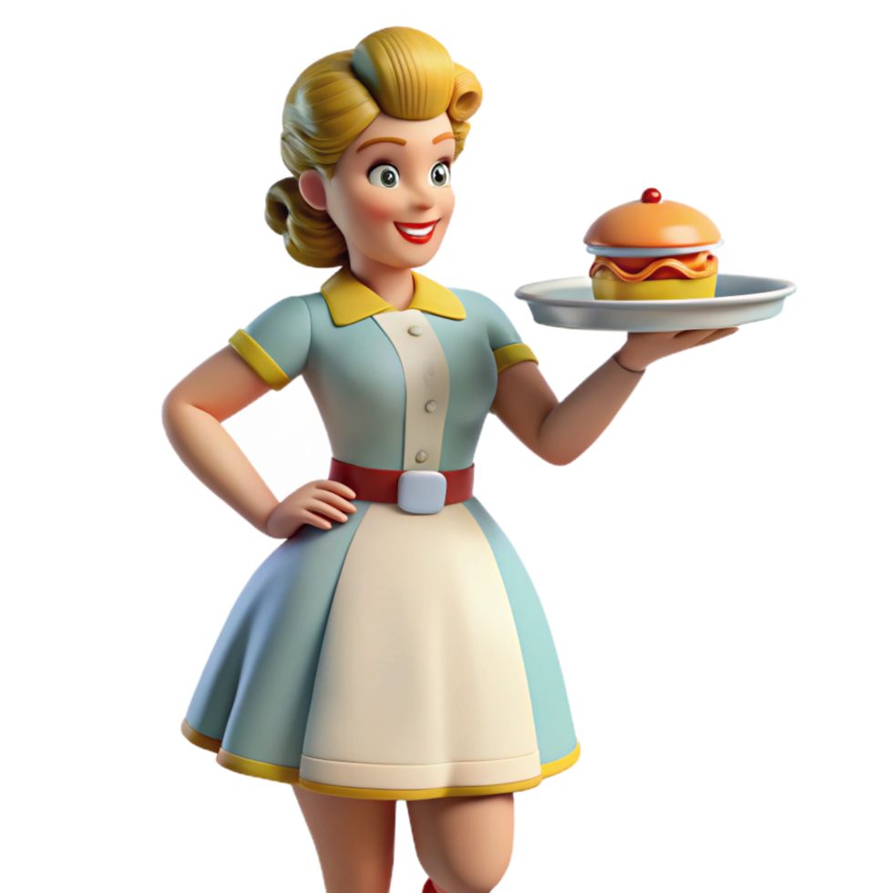 3D Retro Diner Waitress Serving Burger Illustration png