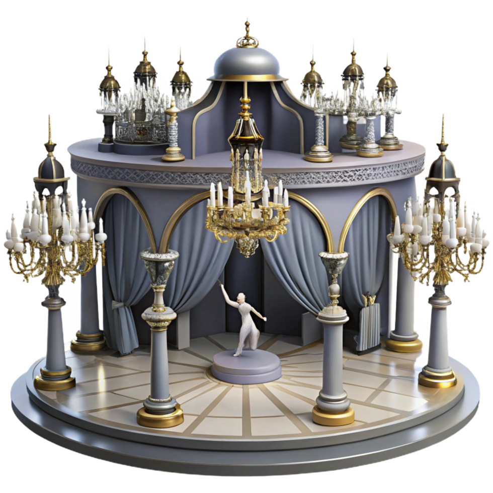 Elegant 3D Render of Grand Stage with Chandeliers png