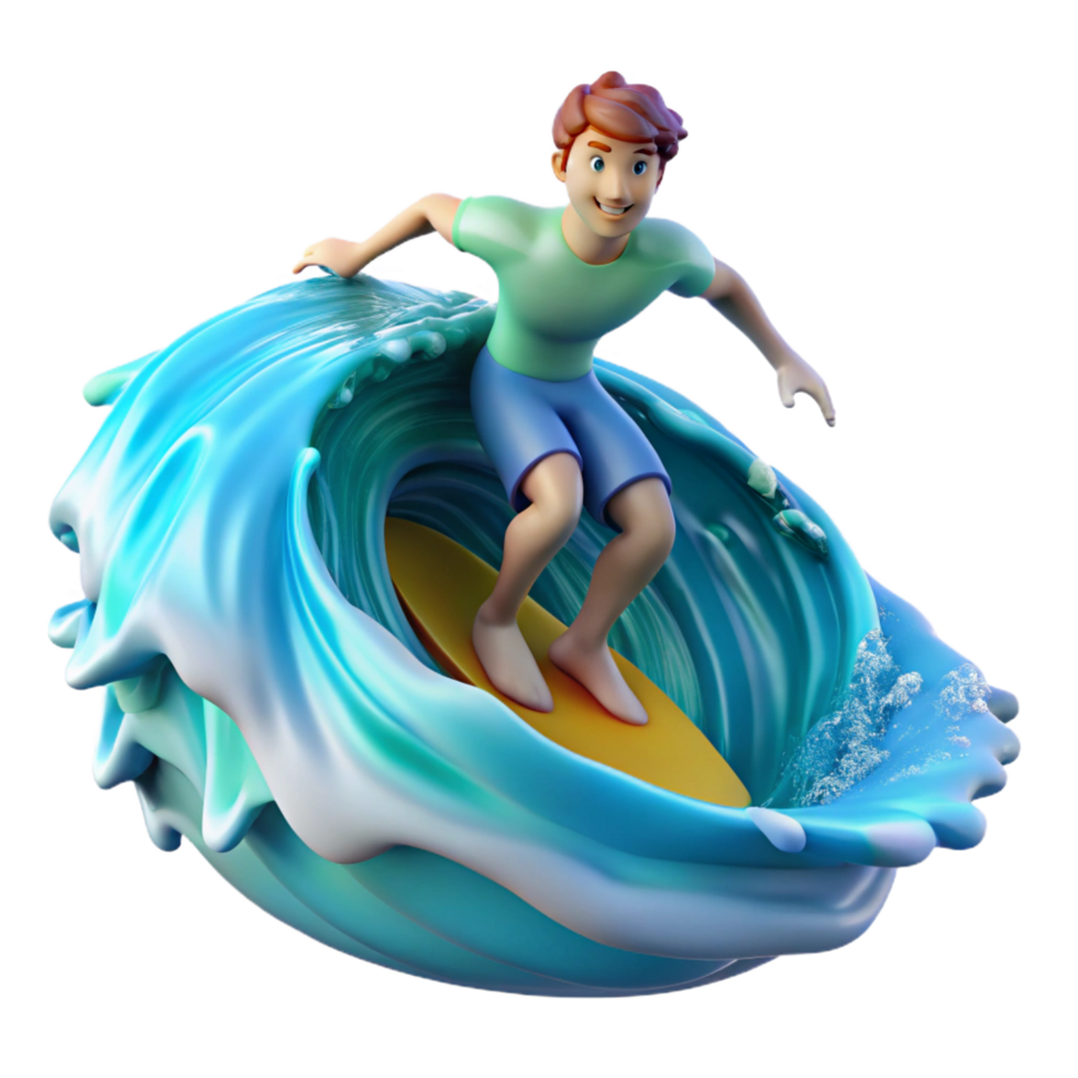 3D Cartoon Surfer Riding a Wave png