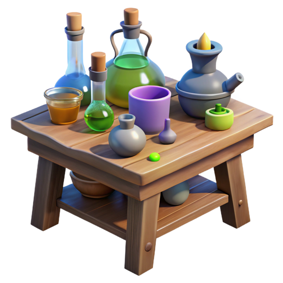 3D Render of Wooden Table with Potion Bottles png