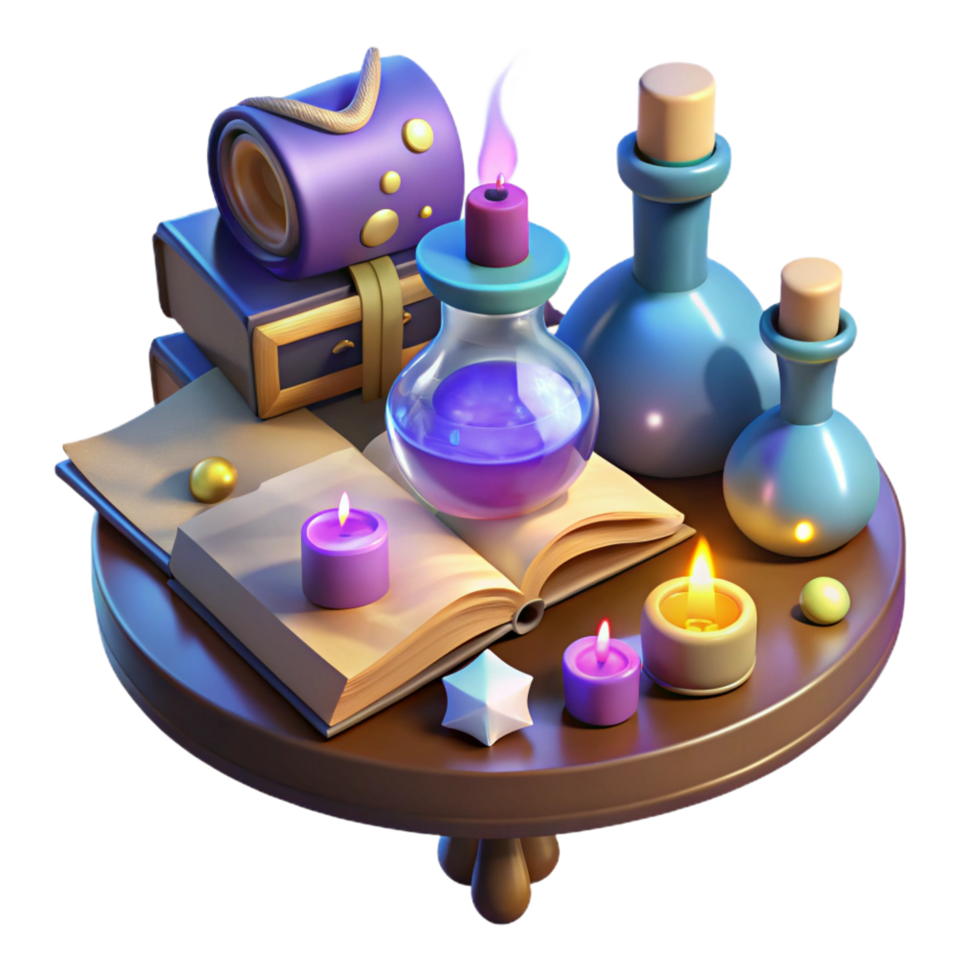 Magical 3D Render of Book, Potions, and Candles png