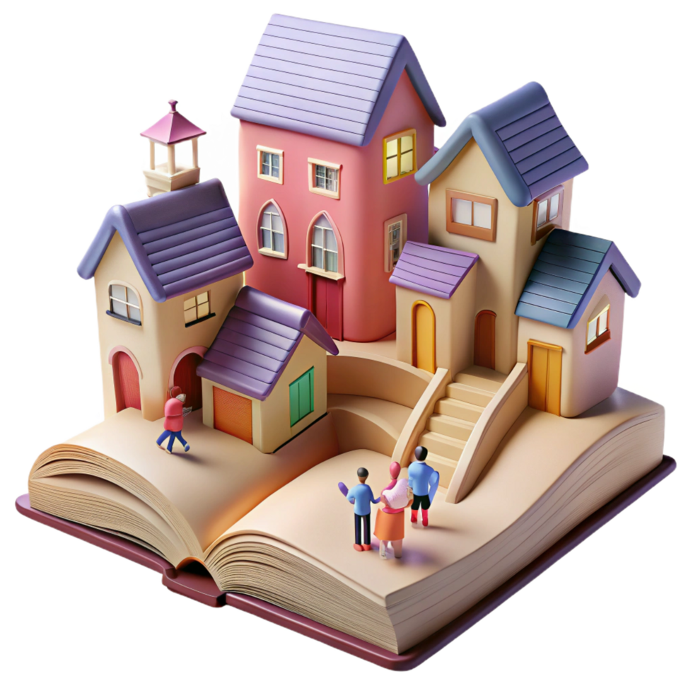 3D Illustration Book Village Houses png