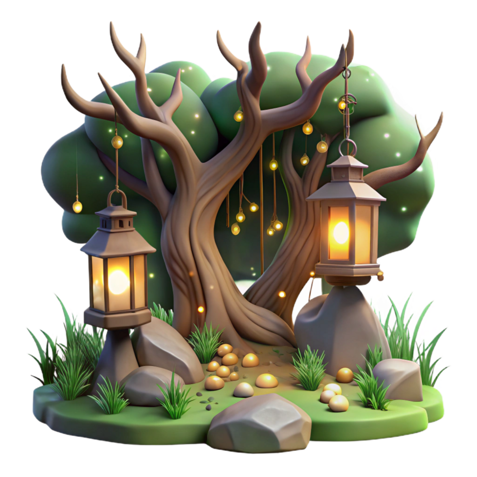 Enchanted 3D Tree with Lanterns png