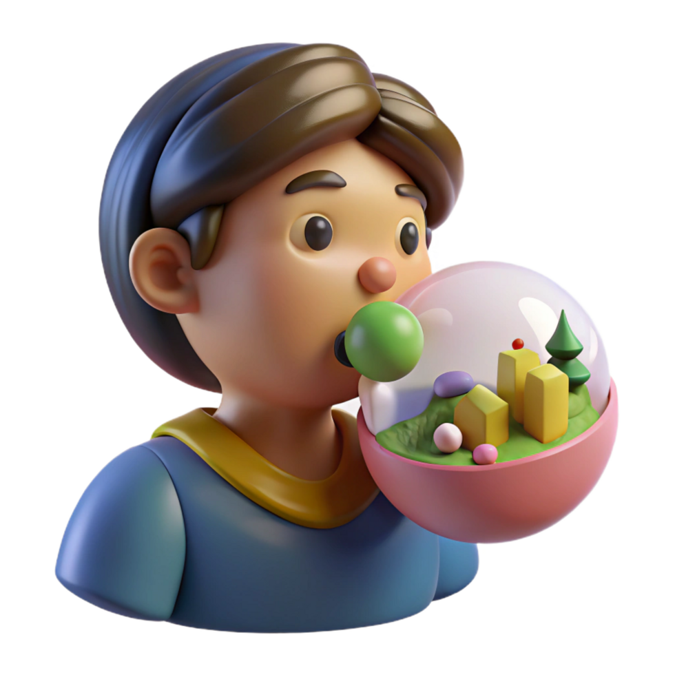 3D Render Child Blowing Bubble Gum with Miniature World png