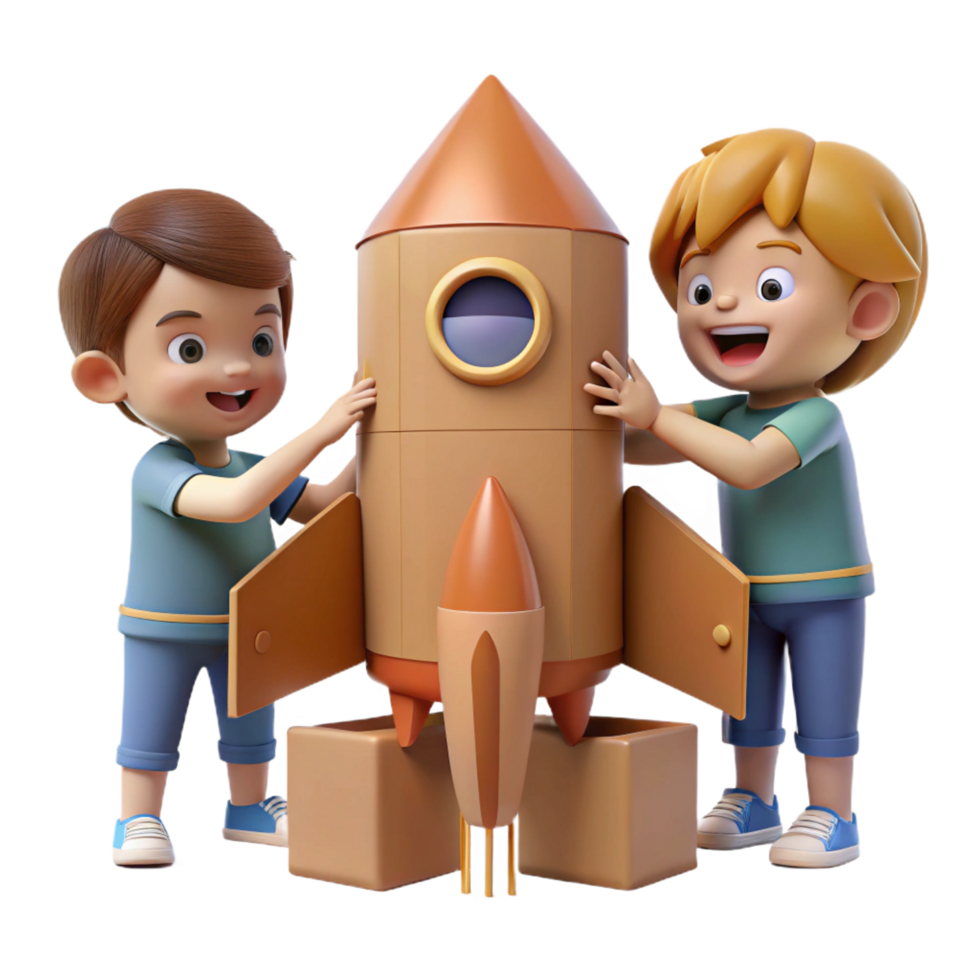 Kids and Rocket Ship 3D Illustration png