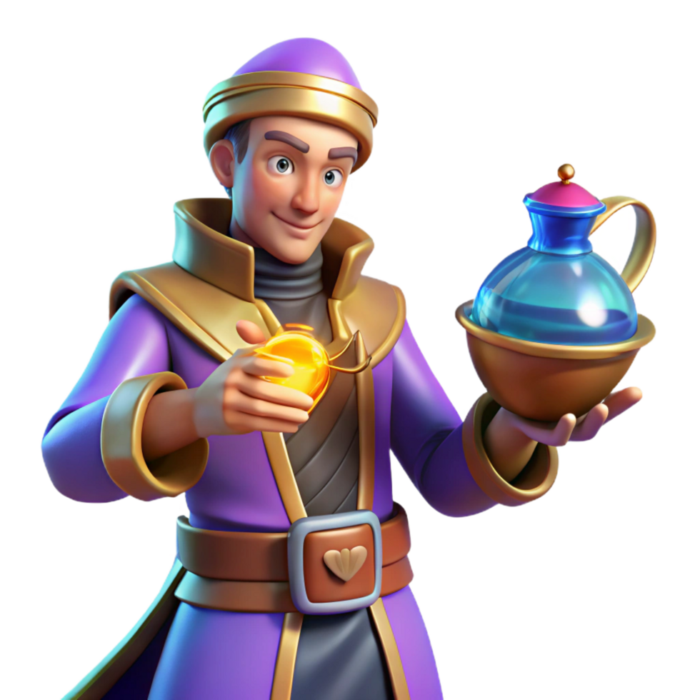 3D Render Wizard with Potion and Orb png