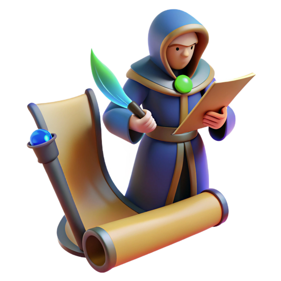 3D Render Wizard Reading Scroll png