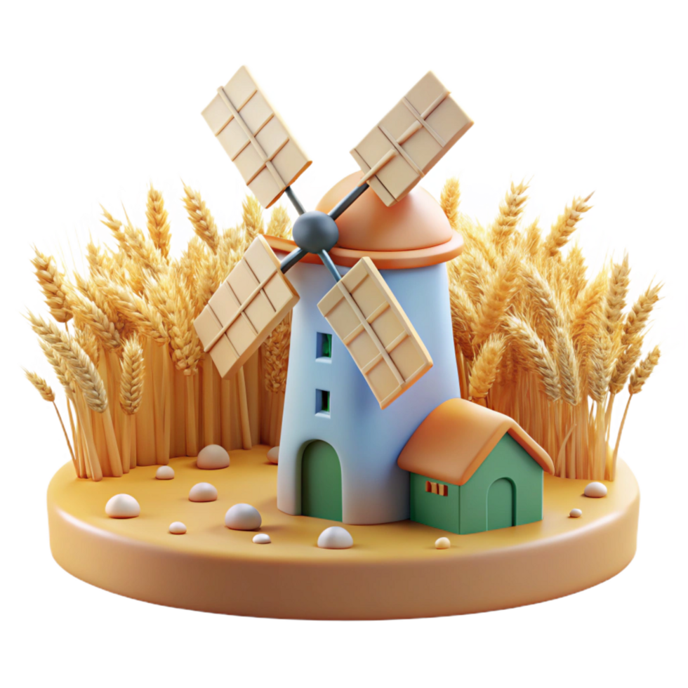 3D Cartoon Windmill Wheat Field Illustration png
