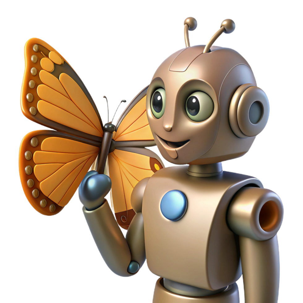 Friendly Robot with Butterfly 3D Render png