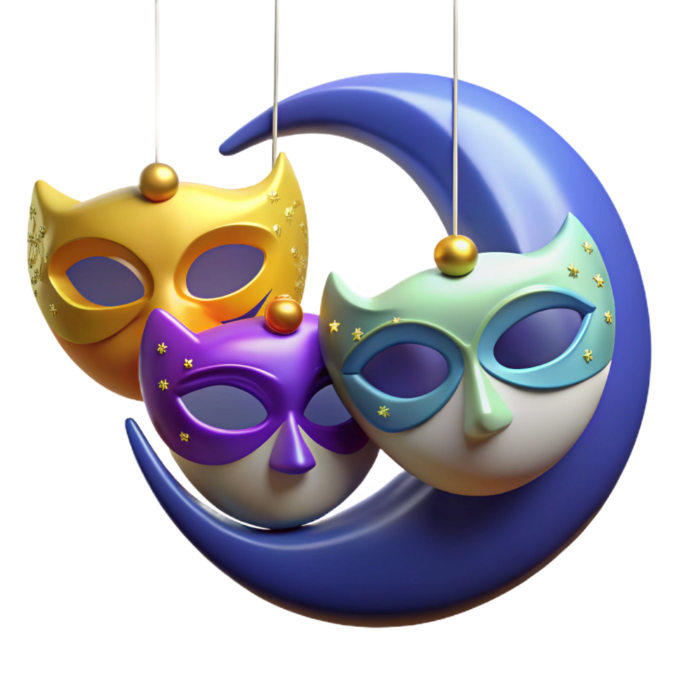 3D Colorful Masks on Crescent Moon png