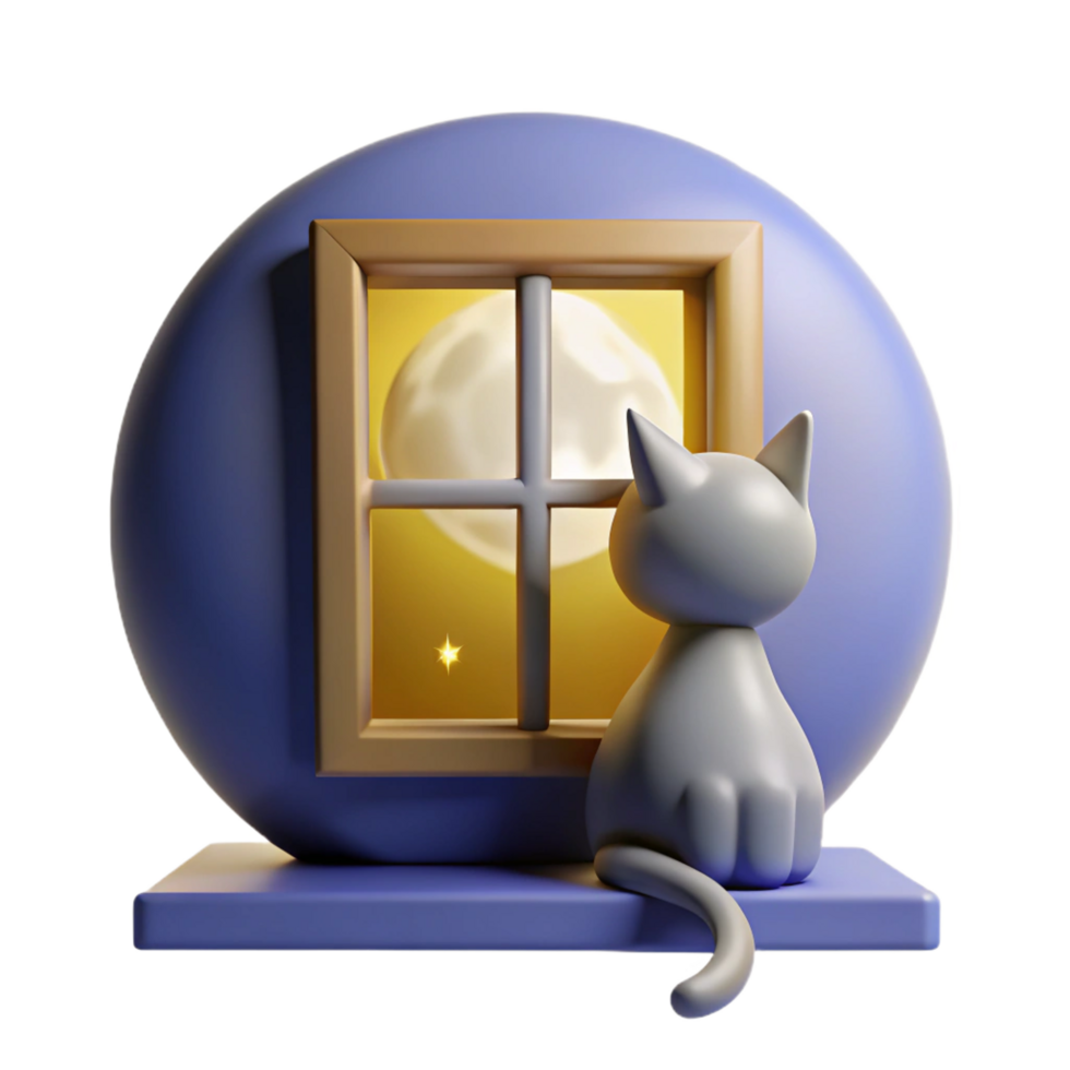 3D Render Cat Moonlit Window png