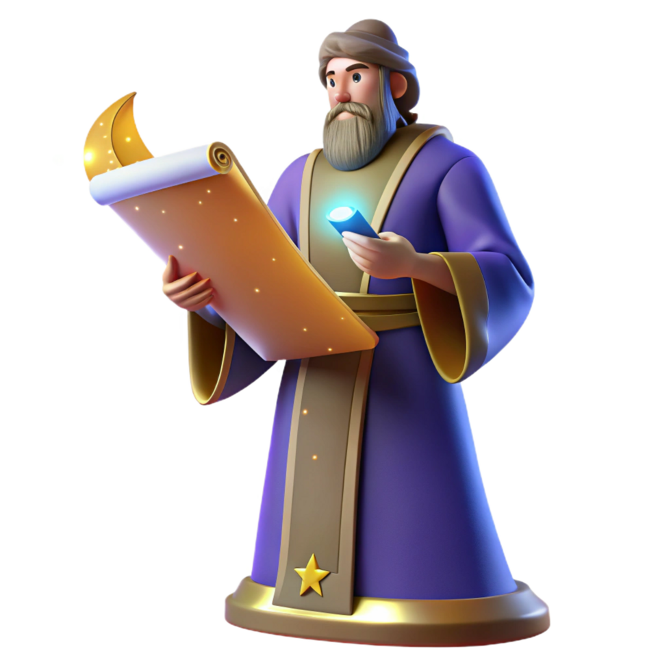3D Illustration Wise Old Mage Reading Scroll png