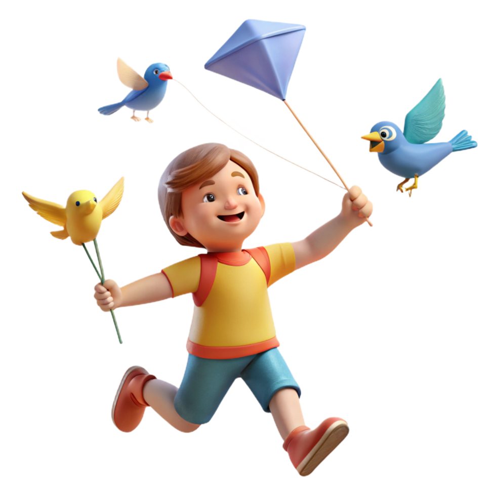 3D Illustration Joyful Boy Kite Birds Flowers png