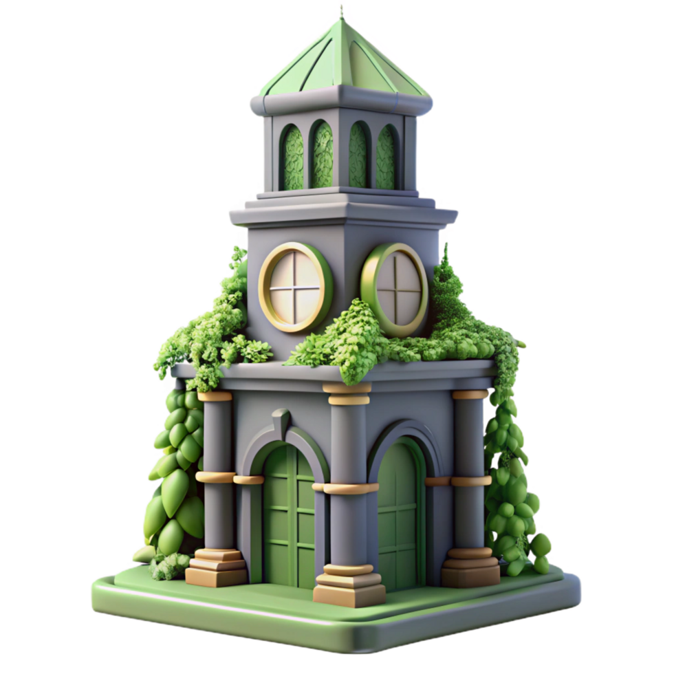3D Render Green Overgrown Clock Tower png
