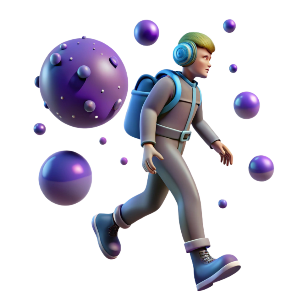 3D Boy Walking in Space with Backpack png