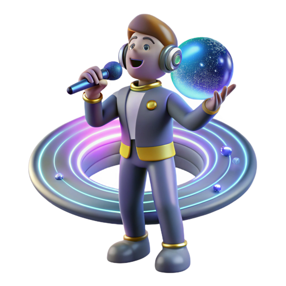 3d render Garoto cantando com galáxia fundo png