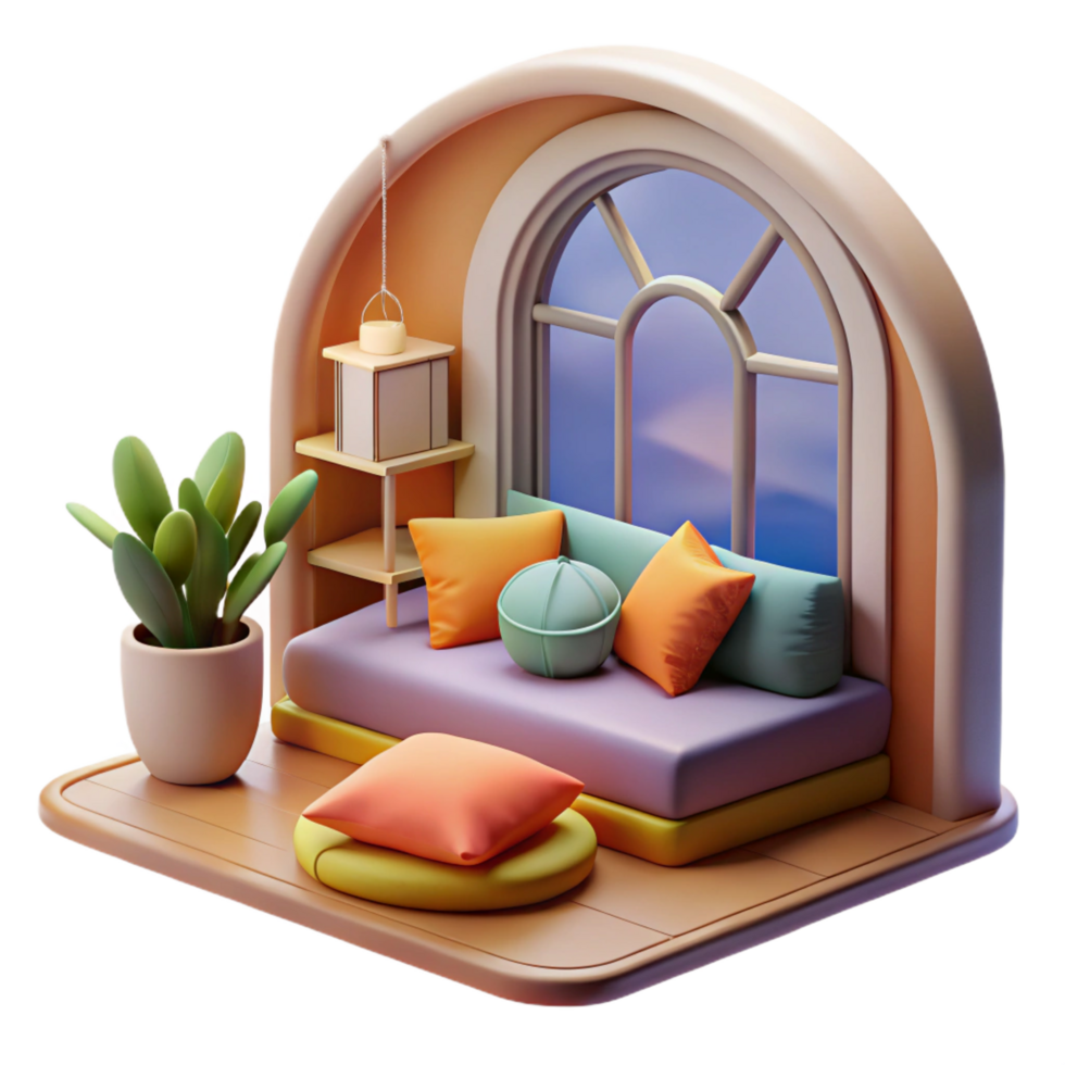 Cozy 3D Render of a Room with Sunset View png