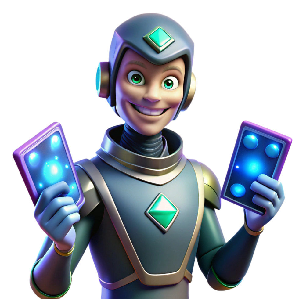 Smiling 3D Robot Boy with Cards png