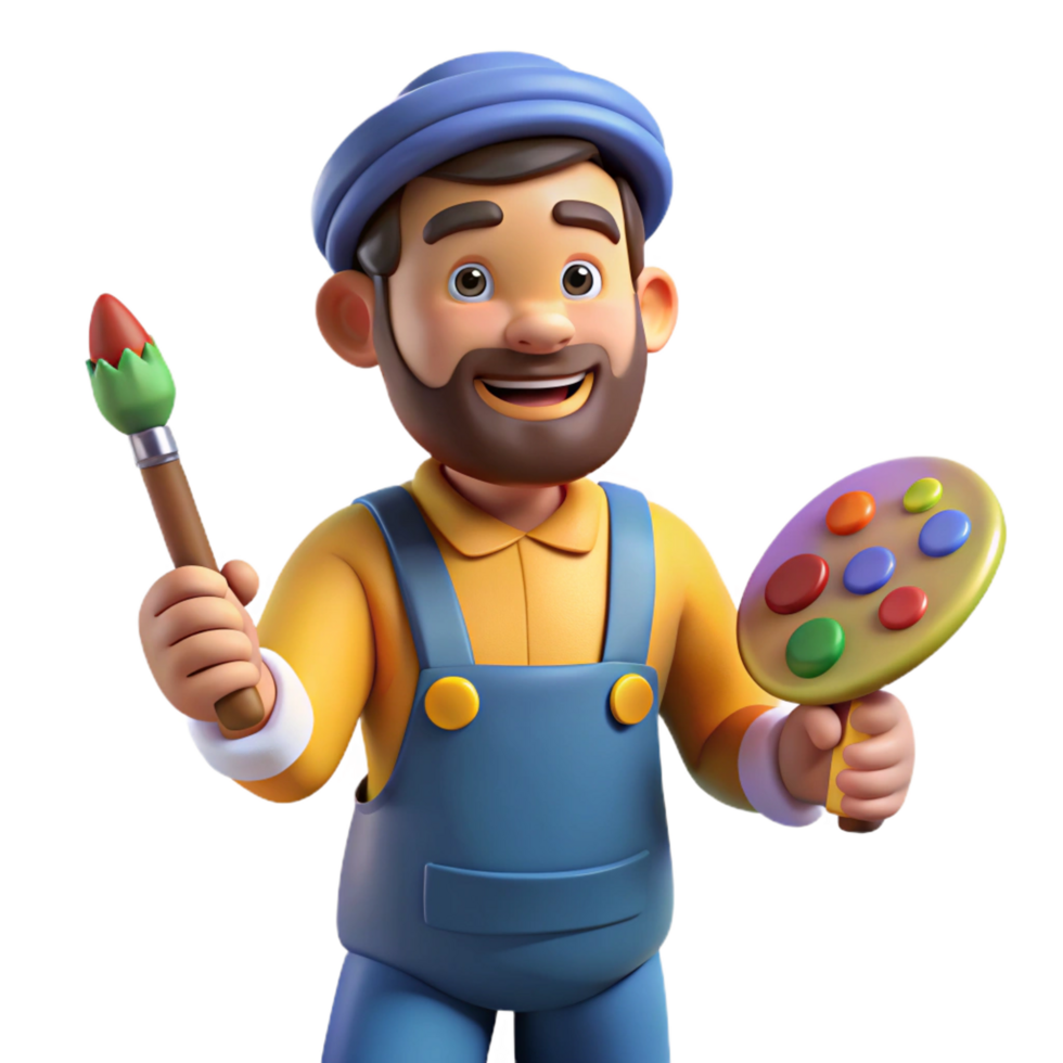 3D Cartoon Artist with Paintbrush and Palette png