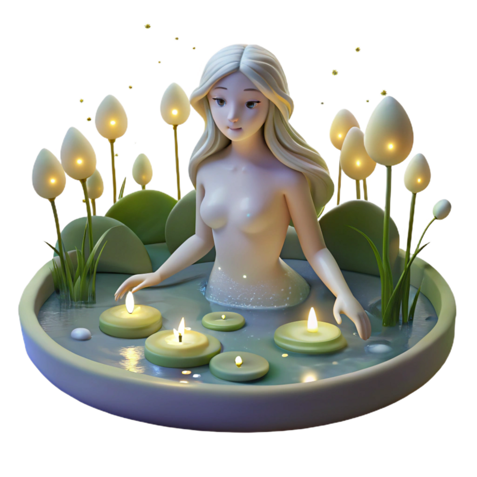 3D Render of Serene Woman in Lit Pond png