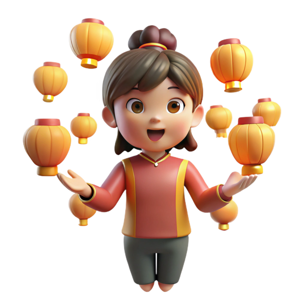 3D Render Girl Juggling Lanterns png