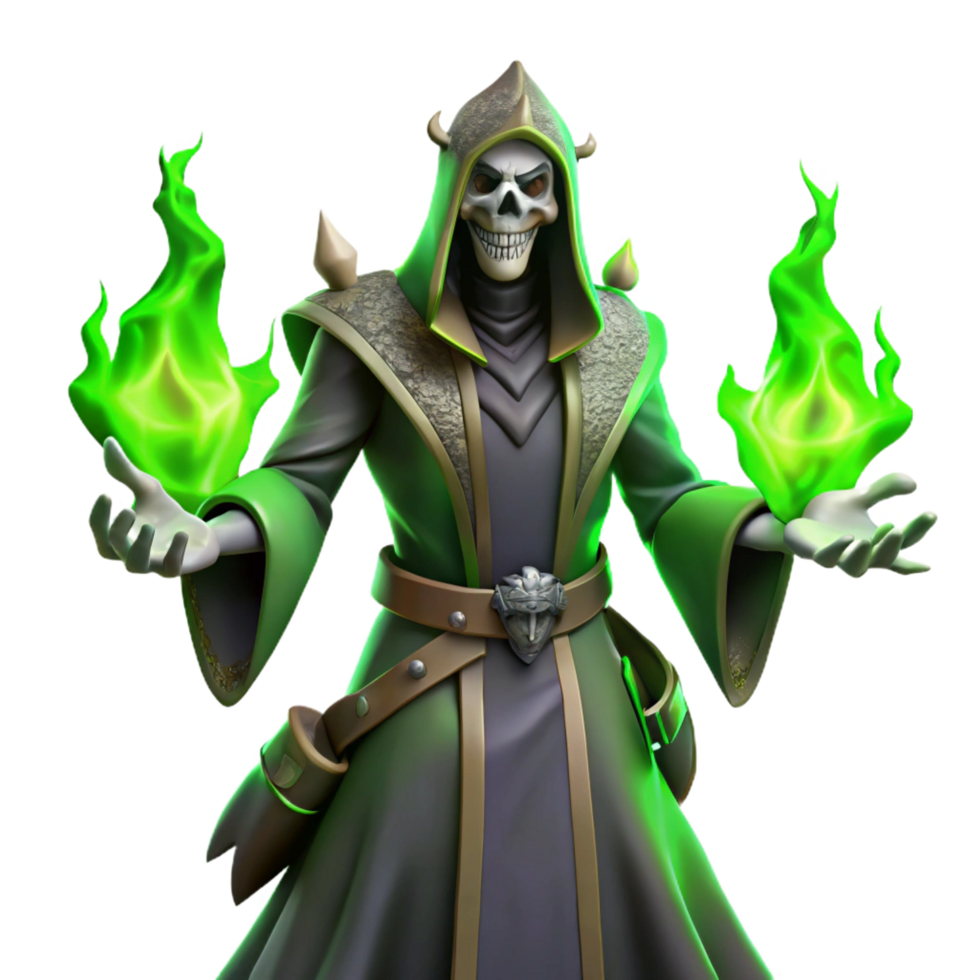 3D Render Undead Wizard Green Flames png