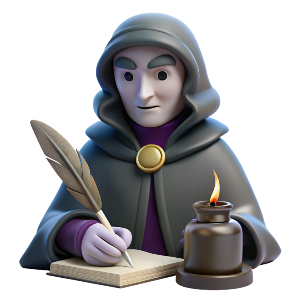 3D Render Wizard Writing Book Illustration png