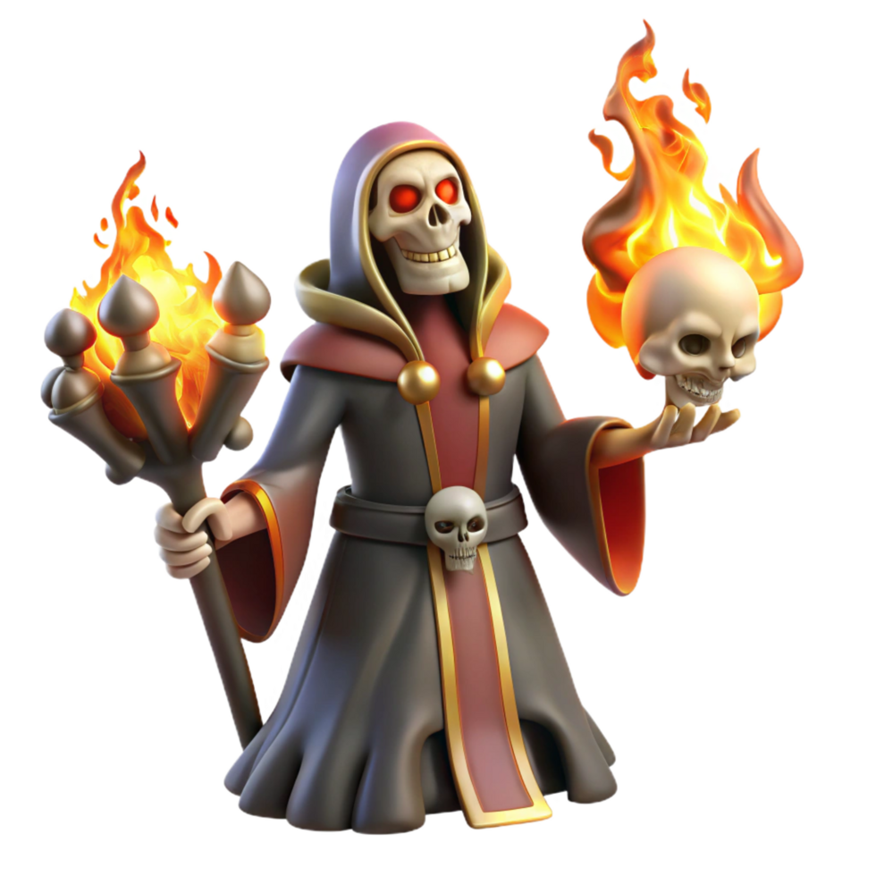 3D Render Undead Sorcerer with Flaming Skull png