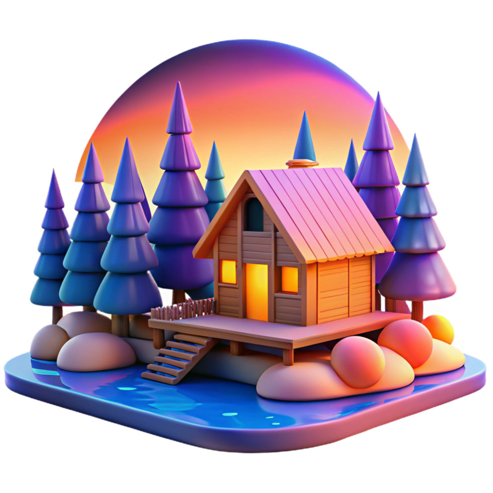 3D Render Cozy Cabin Sunset Illustration png