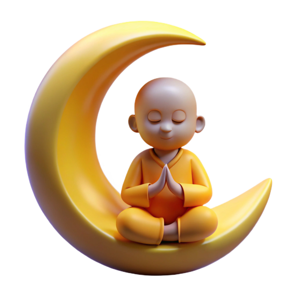 3D Render Monk Meditating on Crescent Moon png